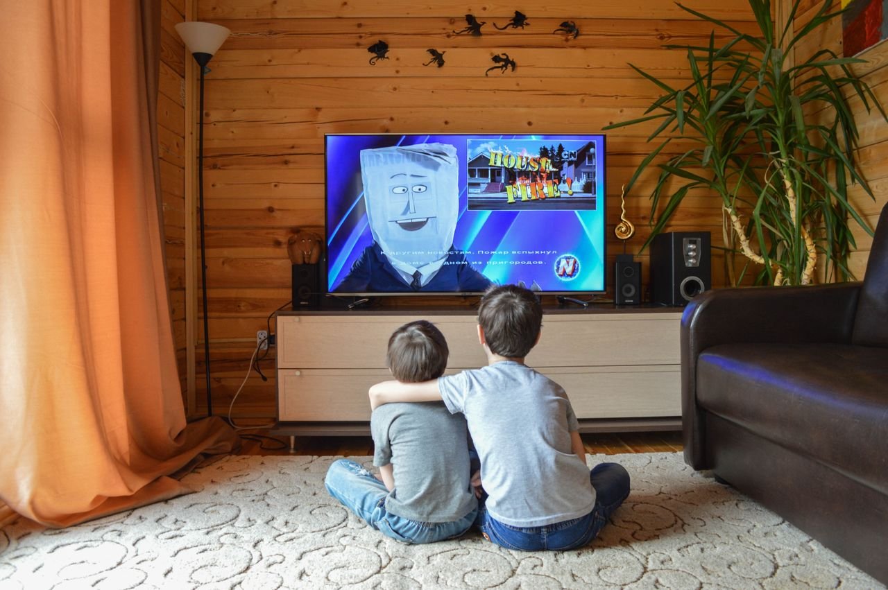 Services Back view of faceless preteen boy in casual clothes hugging little brother while sitting together on floor and watching TV